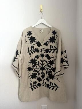 Sister Mary Women's Size XL Embroidered Floral Boho Blouse Linen Blend Neutral